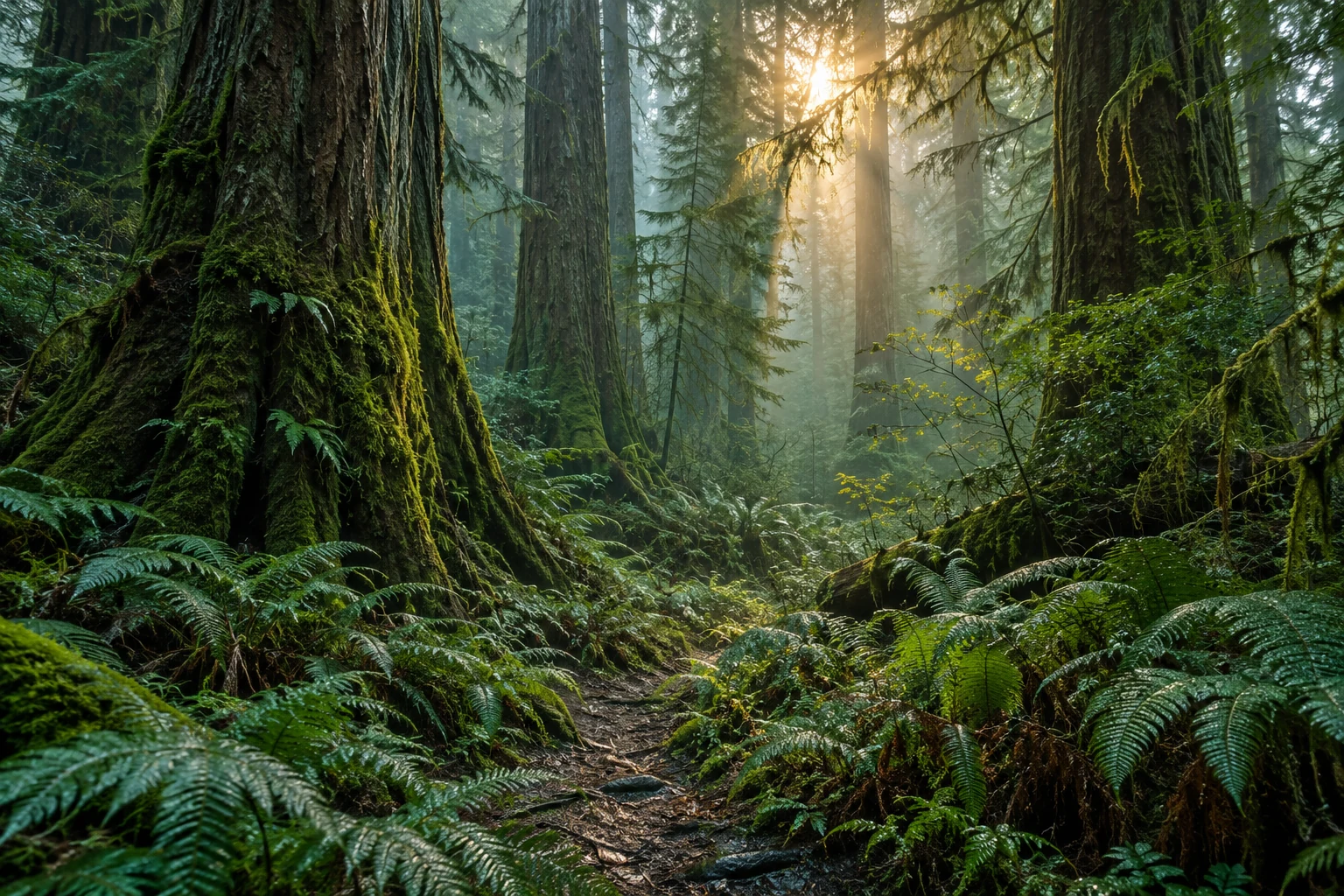 Morning light finding its way through a moss-covered forest